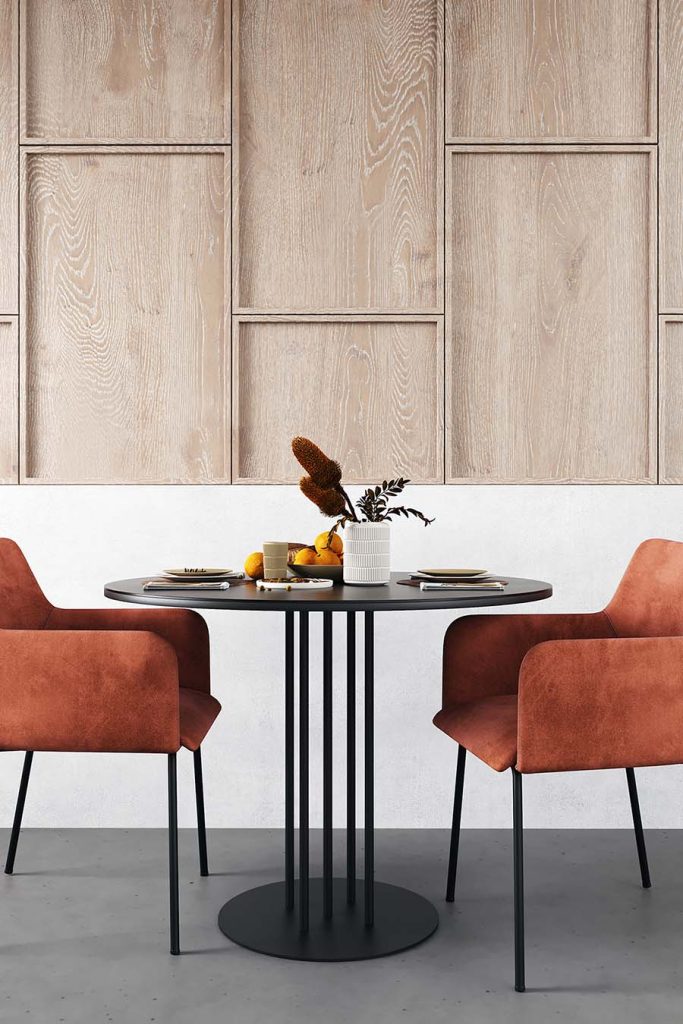 Interior design of modern Scandinavian dining room, 3d render