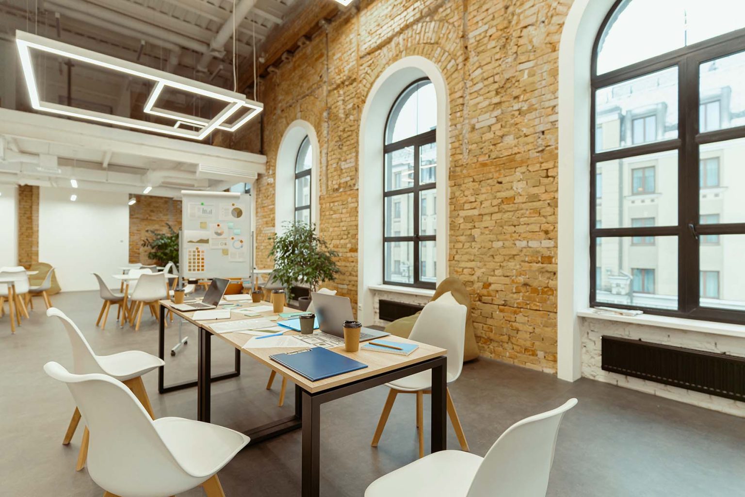 Big comfortable contemporary coworking space for work without people. Coworking concept