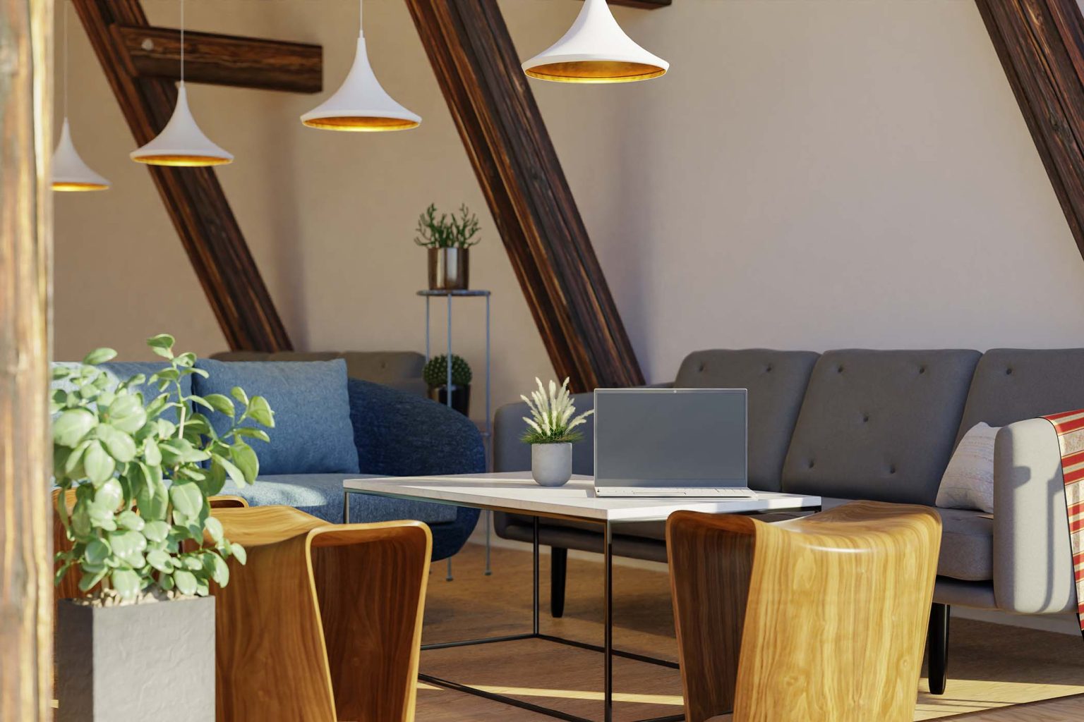 Office with furniture, work desk and laptop