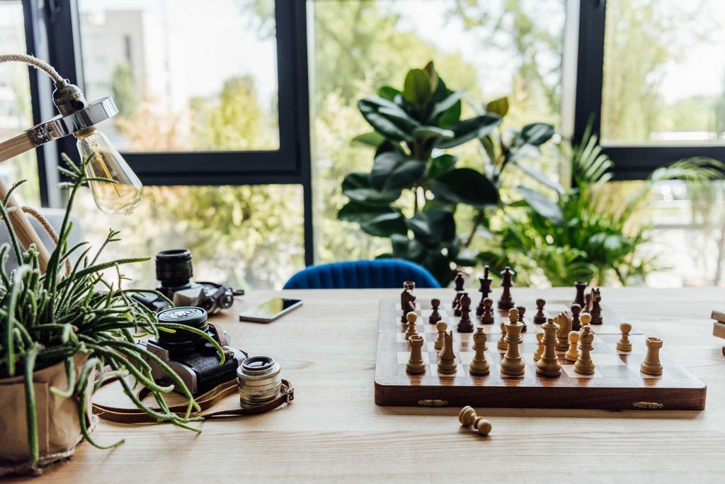 Still life of chess board, old vintage cameras on workplace with green plants around