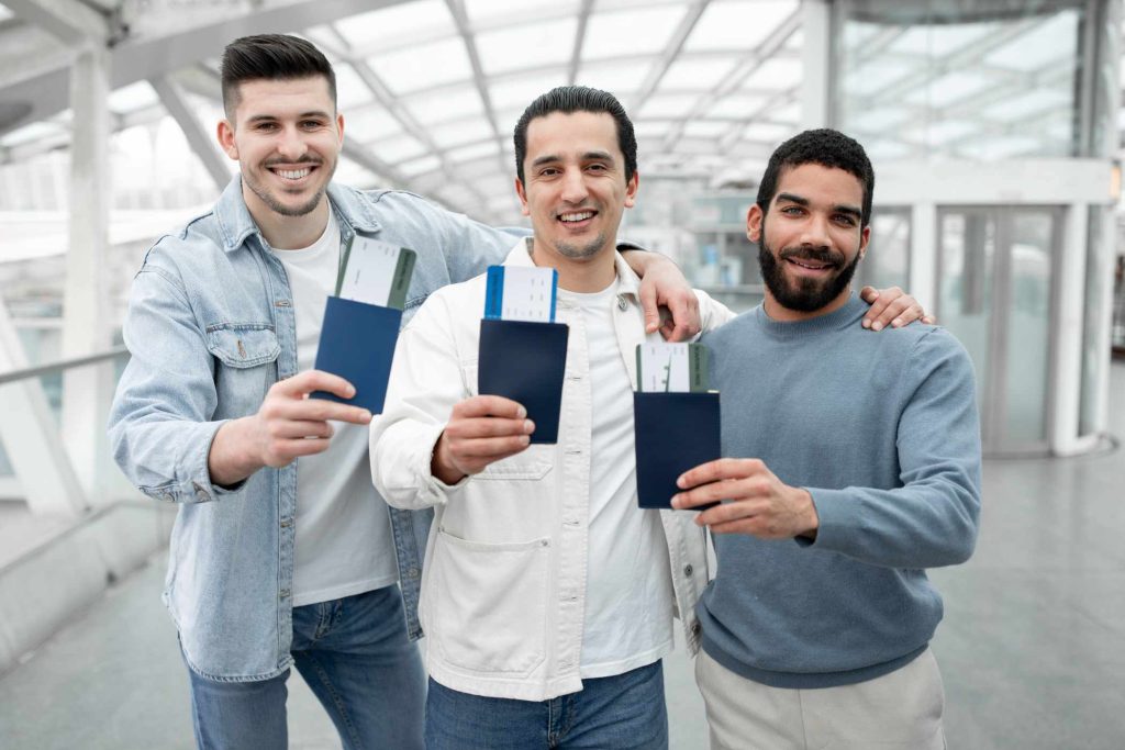 Airport Bonding. Trio Of Travelers Guys Hugging Sharing Travel Moment At Departure Terminal Indoor, Showing Their Passports And Boarding Passes Smiling Looking At Camera. Cheap Tickets Concept