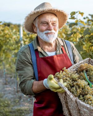 Portrait of a senior well-dressed winemaker walking with basket full of freshly picked up wine grapes, harvesting on the vineyard during a sunny evening